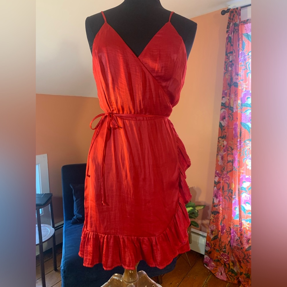 Red, satin, ruffle, strappy, short slip dress